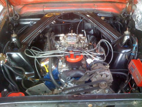 1983 Ford Bronco - Close-up view of a V8 engine bay, a carburetor, distributor, and alternator.