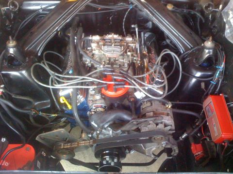 1983 Ford Bronco - Close-up view of a V8 engine in an engine bay, various components and wiring.