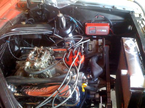 1983 Ford Bronco - Close-up view of a modified V8 engine, an Edelbrock carburetor and an MSD ignition system.