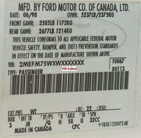 1998 Mercury Grand Marquis - 2ME: Canada, Mercury Cars F: 2nd-Gen front airbags M75: Grand Marquis LS W: Romeo Gas 4.6L check digit edited W: 1998 X: St. Thomas, Talbot…
