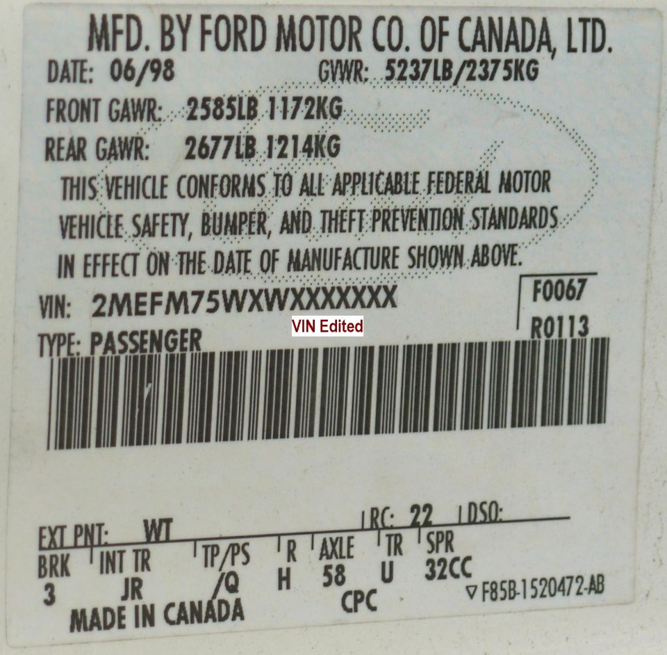 Ford Motor Company of Canada door VIN data plate dated 06/98