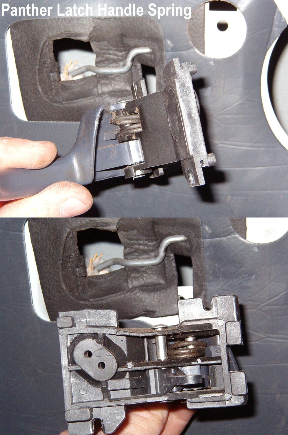 This is why the latch handle doesn't return into its pocket - the spring is broken.  I suspect this shade of blue handle isn't avaiable new any more, so I'll probably repair this one, or put an external spring on the operating rod, or just straighten the rod slightly to make it longer.