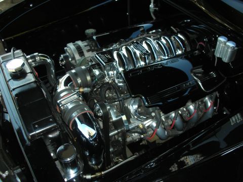 1998 Ford Crown Victoria - Engine bay features a polished Corvette LS1 engine with chrome accents and headers.