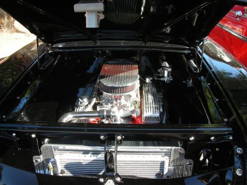 1998 Ford Crown Victoria - The engine bay of a black car displays a V8 engine with chrome accents and an aluminum radiator.
