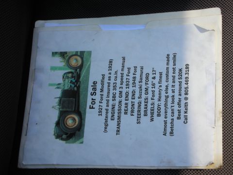 1998 Ford Crown Victoria - Printed For Sale flyer for a 1927 Ford Modified listing engine, transmission, axle and body details.