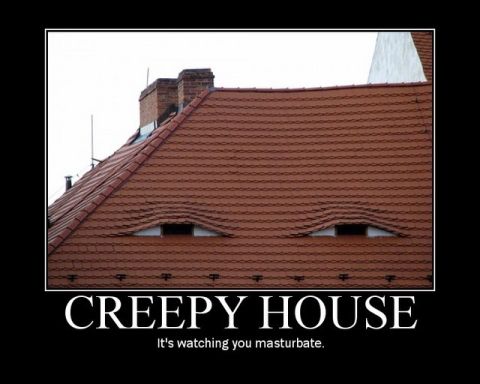 2006 Ford E350 - A house roof with dormer windows that look like eyes, creating a creepy effect.