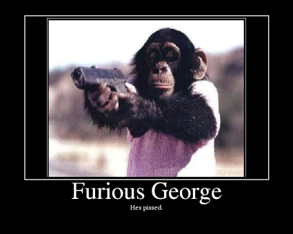 2006 Ford E350 - Furious George is depicted holding a handgun, with the caption indicating he is angry.