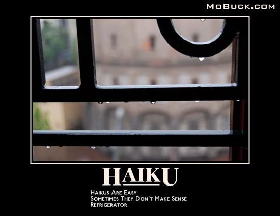Demotivational poster with a haiku and a building in the background seen through bars