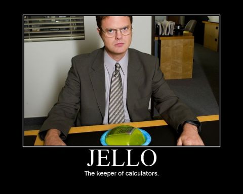 2006 Ford E350 - Dwight Schrute from The Office is depicted with a jello mold, humorously labeled as 'The keeper of calculators'.