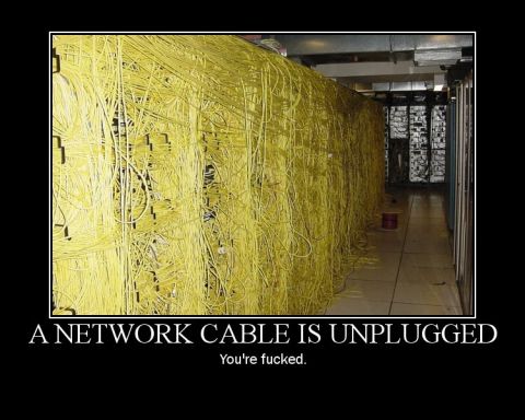 2006 Ford E350 - A chaotic server room filled with an overwhelming amount of tangled yellow network cables.
