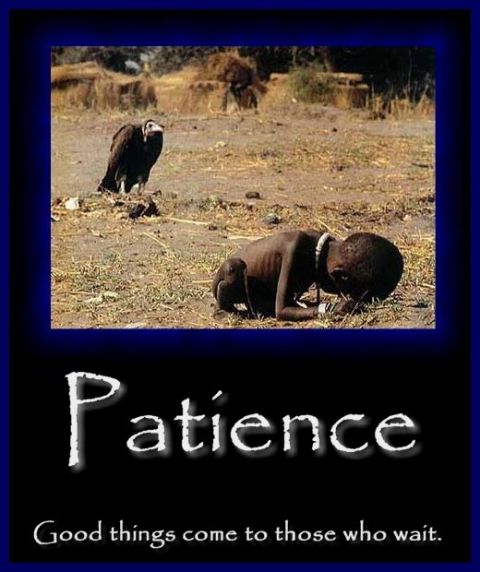 2006 Ford E350 - A vulture and a starving child are depicted with the text 'Patience. Good things come to those who wait.'