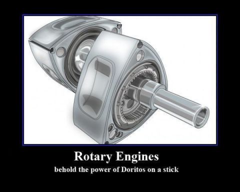 2006 Ford E350 - A diagram illustrates a rotary engine, humorously described as 'the power of Doritos on a stick'.