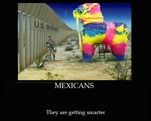 Piñata shaped like a horse stands near a U.S. Border fence with a soldier