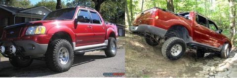 2002 Ford Sport Trac - A red 2002 Ford Sport Trac is shown with off-road tires, first on a paved road and then navigating a rocky trail.