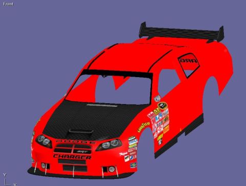 2004 Jeep Wrangler - A 3D rendering of a red Dodge Charger race car body, sponsor decals and a prominent rear spoiler.