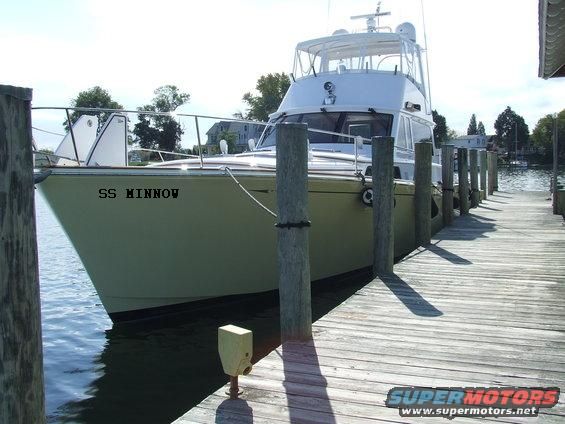 White sport fishing boat named 'SS MINNOW' docked at a wooden pier.