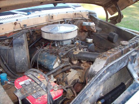 1979 Ford Bronco engine bay with V8 engine, air cleaner, battery, and radiator