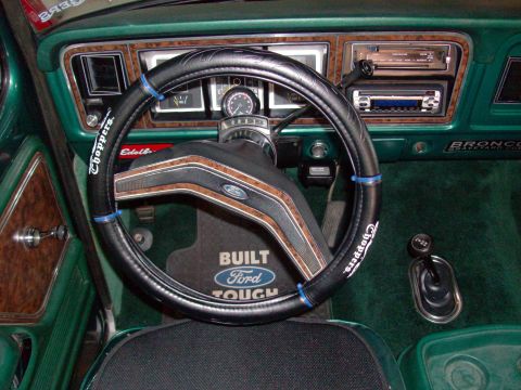 1978 Ford Bronco - Interior view of a 1978 Ford Bronco, a custom steering wheel cover and green carpeting.