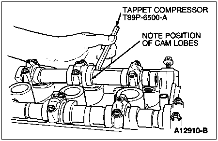 1997 Ford Taurus - Service illustration showing use of tappet compressor tool T89P-6500-A while noting camshaft lobe position.
