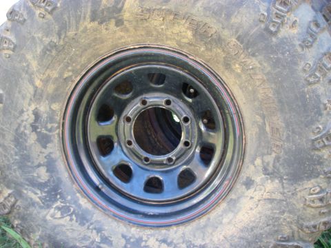 1978 Ford Bronco - This is a close-up view of a single off-road tire and wheel assembly, showing mud and tread detail.