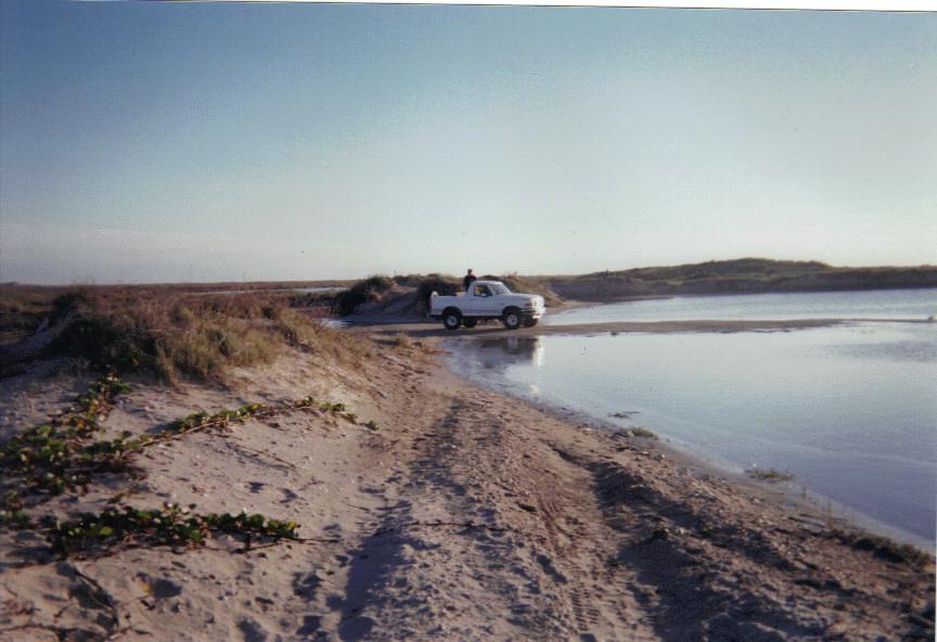 White pickup truck parked near water on a sandy area. A person stands by the driver's side door