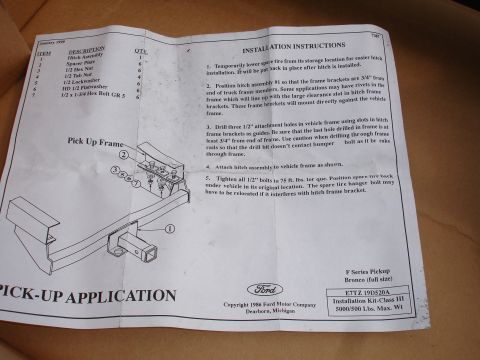 1992 Ford F-350 - Installation instructions for a Ford trailer hitch, including a diagram and parts list.