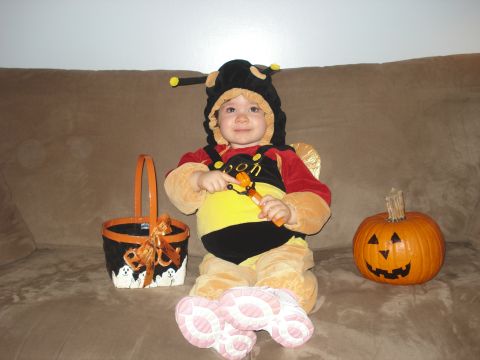 2000 Ford Crown Victoria - Child in a bee costume ready for Halloween trick-or-treating with a candy bucket and pumpkin.