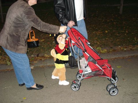 2000 Ford Crown Victoria - A red stroller is parked on a street next to people and a child in a bee costume.
