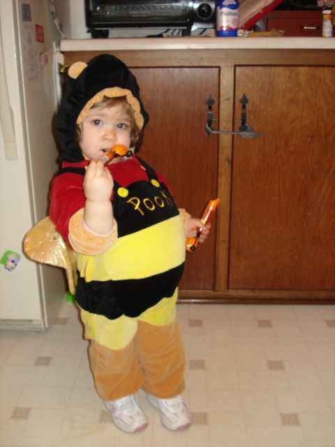 2000 Ford Crown Victoria - Child dressed as Winnie the Pooh with toys in hand, standing indoors.