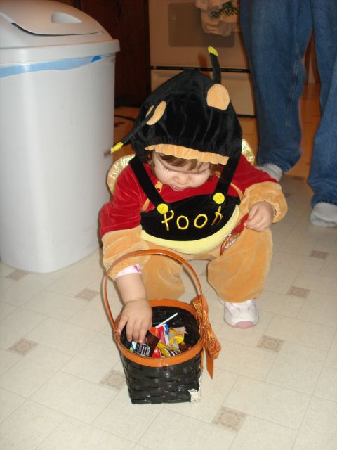 2000 Ford Crown Victoria - A child dressed as Winnie the Pooh is gathering candy from a basket.