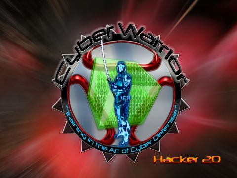 1948 Jeep Wrangler - Logo for Cyber Warrior, a figure with a sword against a backdrop of binary code and a stylized sunburst.