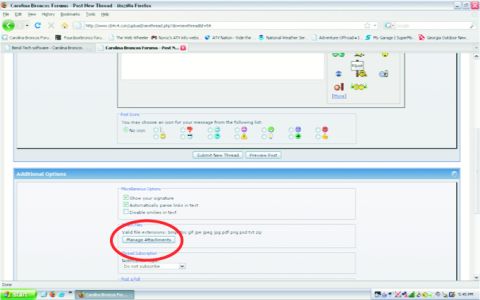 1995 Ford Bronco - A screenshot shows a forum post interface with various options, including a circled button to manage attachments.