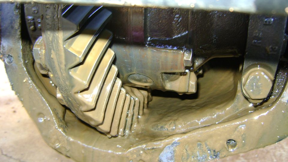 Close-up of differential gears with thick, muddy lubricant