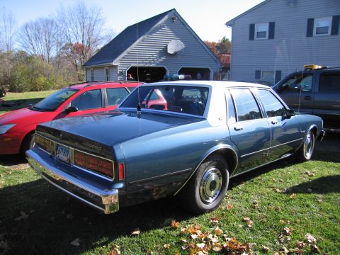 2001 Ford Crown Victoria - A blue police car with a light bar is parked on a grassy lawn next to a red station wagon and a dark SUV.