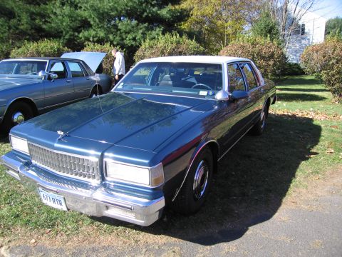 2001 Ford Crown Victoria - A dark blue sedan with a white roof is parked on a grassy area next to another blue car.