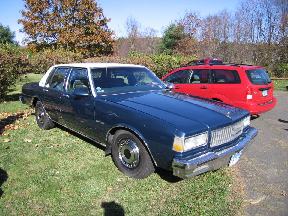 Dark blue sedan with white roof parked on grass, red SUV behind it
