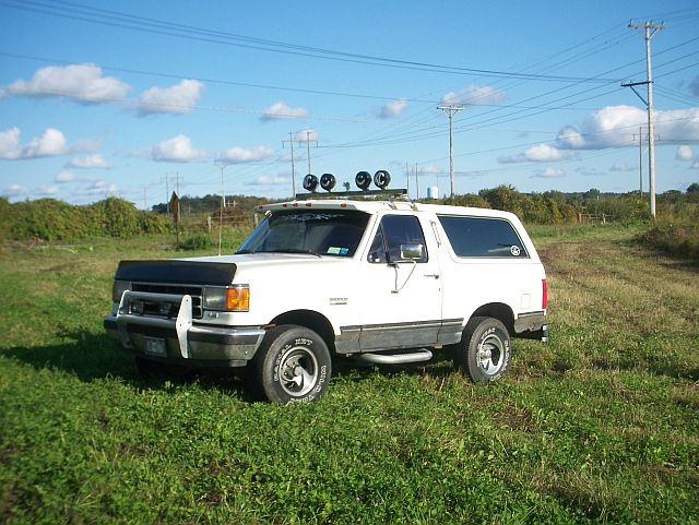 White 1991 Ford Bronco with brush guard and roof lights in a grassy field.