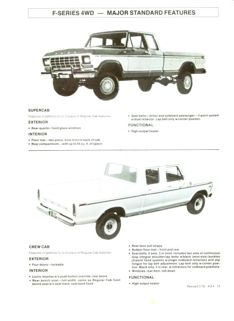 1979 Ford Bronco - Diagrams of 1979 Ford F-Series SuperCab and Crew Cab trucks highlight standard features.