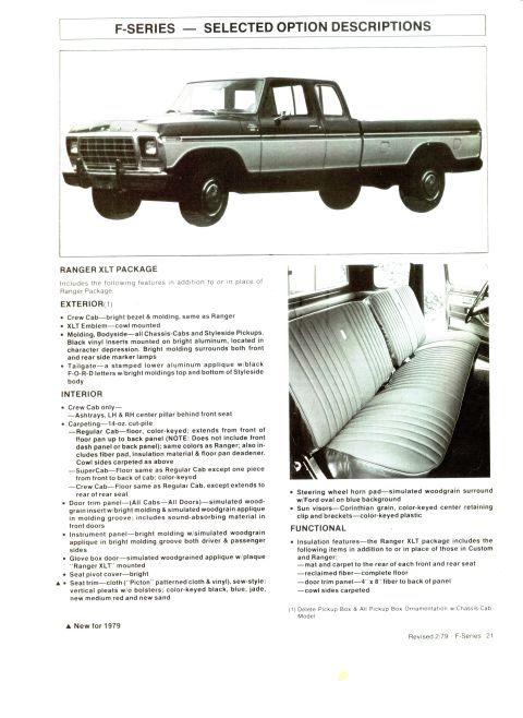 1979 Ford Bronco - This document shows a Ford F-Series truck and its interior, detailing the Ranger XLT package options.