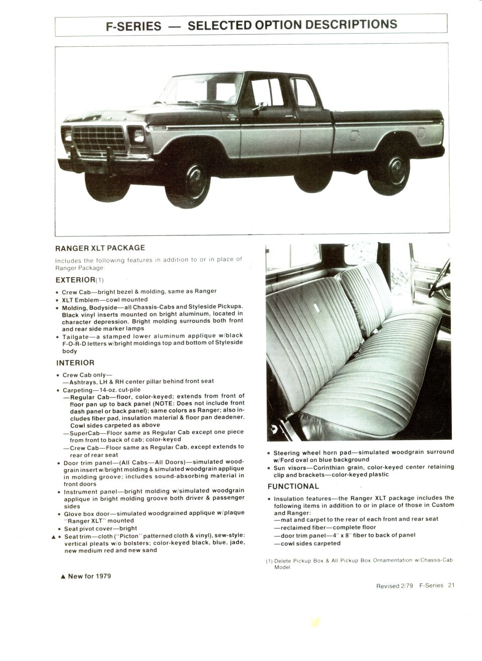 1979 Ford F-Series Ranger XLT package option descriptions with SuperCab pickup and interior seat photos