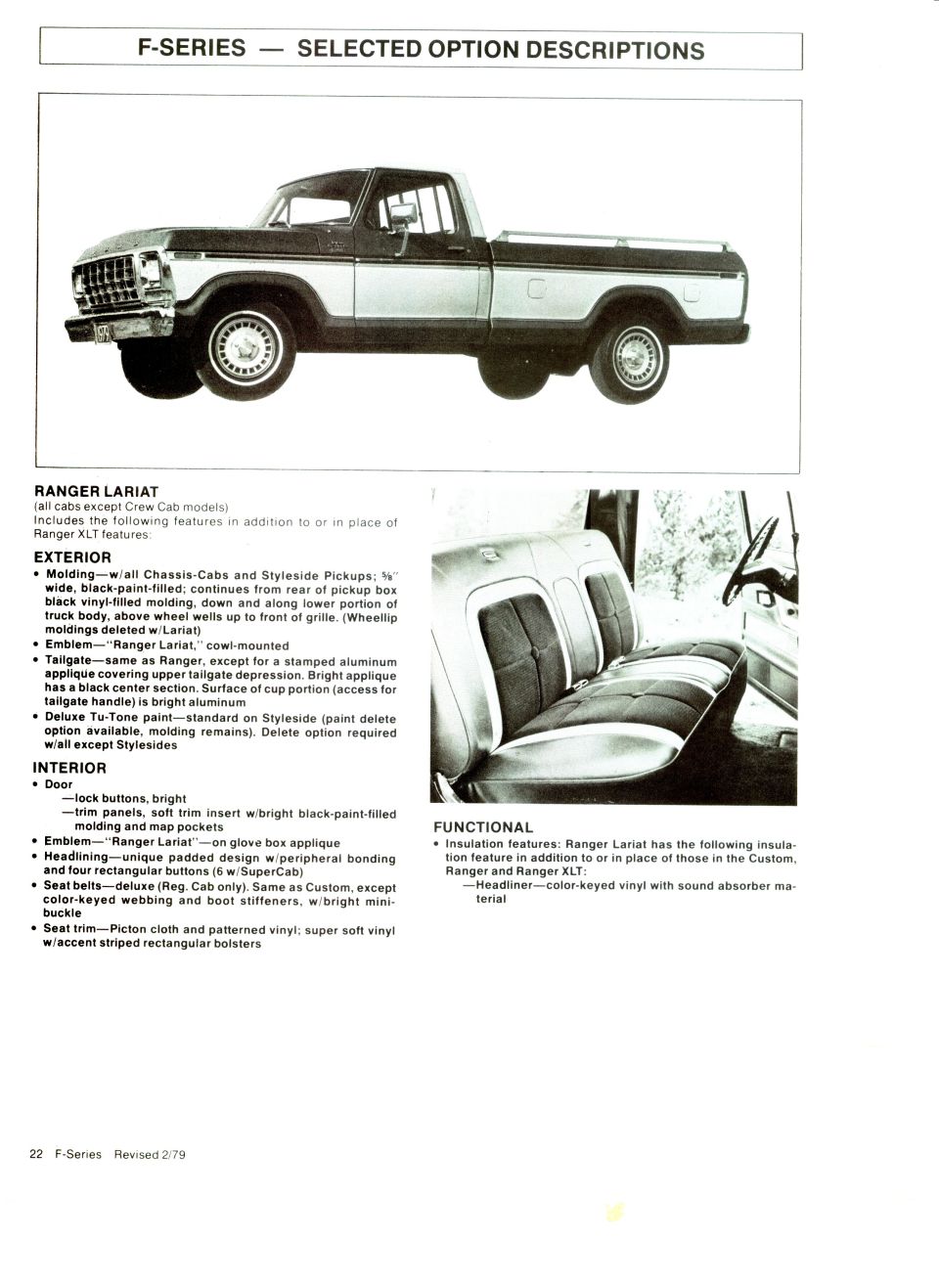 1979 Ford F-Series Ranger Lariat option descriptions with Styleside pickup and seat trim photos