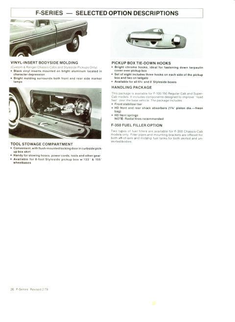 1979 Ford Bronco - This document page details selected option descriptions for the F-Series, including vinyl-insert bodyside molding and tool stowage compartm…