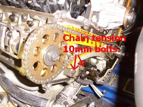 2007 Ford Mustang - Engine timing chain and tensioner assembly with annotations pointing out key components and bolt sizes.