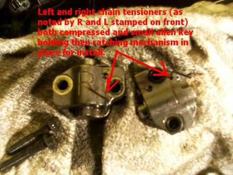 2007 Ford Mustang - Left and right chain tensioners, compressed and held by a small allen key for installation.