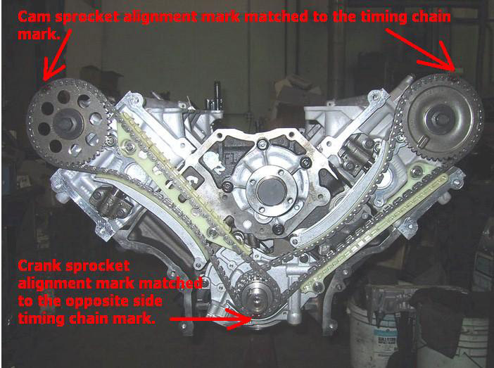 Engine timing chain and sprockets with alignment marks indicated