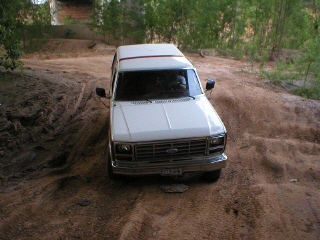 1984 Ford Bronco - A white SUV navigates a sandy, off-road trail surrounded by vegetation.