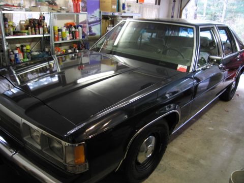 1991 Ford LTD Crown Victoria - Black 1991 Ford Crown Victoria LTD in a garage with shelves of supplies in the background.