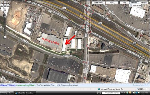 1996 Ford Bronco - An aerial view shows a commercial area with multiple buildings and parking lots, including Hobby Lobby.