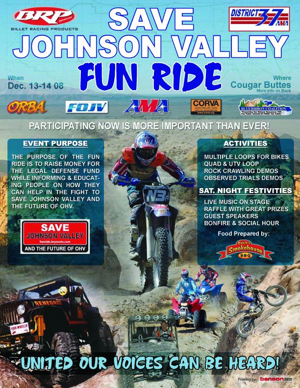 Save Johnson Valley Fun Ride event flyer, Dec 13-14 08, Cougar Buttes, with off-road riders