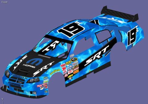 2004 Jeep Wrangler - This is a 3D render of a Dodge Charger race car body with a blue flame livery and various sponsor decals.